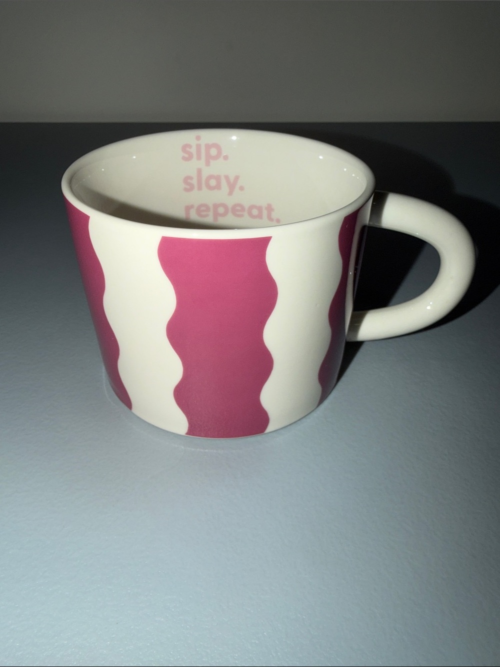 Room Essentials Pink and White Wavy Stripe Ceramic Mug- “Sip. Slay. Repeat.”